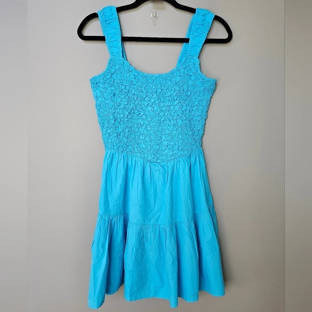SAYLOR Mariah Smocked Textured Mini Tank Dress, Flounced Hem, Blue